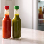 Kitchen counter scene with soft natural light from a side window. Left foreground: two bottles of hot sauce side by side, one red and one green, caps on, no readable labels. Right side slightly out of focus: the middle of a white refrigerator door standing open
