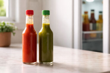 Kitchen counter scene with soft natural light from a side window. Left foreground: two bottles of hot sauce side by side, one red and one green, caps on, no readable labels. Right side slightly out of focus: the middle of a white refrigerator door standing open