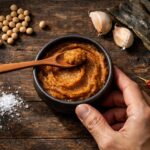 a small round dark clay or matte charcoal ceramic bowl filled with smooth, rich amber-brown miso paste, a clean wooden spoon resting across the rim with a small amount of paste visible on the tip. Surrounding the bowl at casual unposed angles: a small pile of dried soybeans scattered loosely on the wood, two whole garlic cloves with papery skin slightly peeling, a small bundle of dried kombu seaweed laid flat, a few grains of coarse sea salt spilled directly onto the surface, and a single dried red chili placed casually to one side.