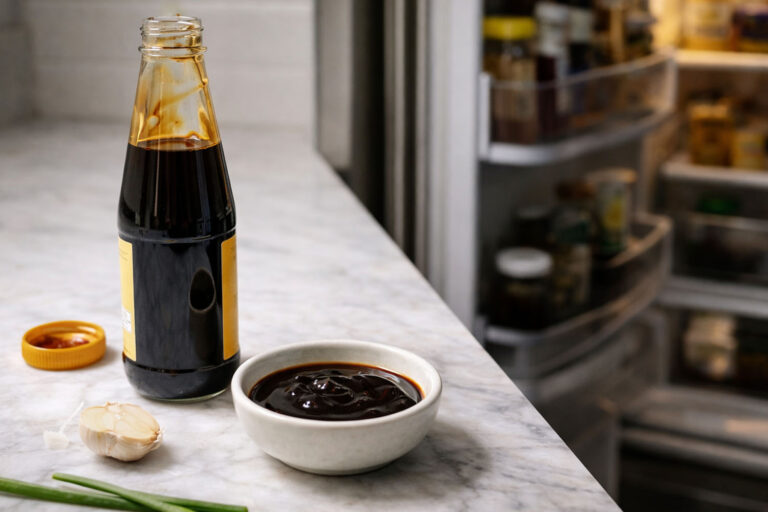 an open bottle of oyster sauce with the cap resting beside it, suggesting it was just used. Right side, slightly out of focus: the open door of a stainless steel refrigerator showing shelves with other condiments in the background, implying the question of where the bottle belongs. Between them on the counter: a small white ceramic dish with a tablespoon of oyster sauce already poured out, a halved garlic clove cut-side up, and two trimmed green onion stalks lying diagonally across the frame