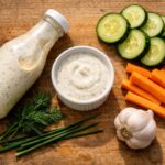Top-down flat lay. An open bottle of ranch dressing tipped slightly, a small white ceramic ramekin of ranch beside it, a few stalks of fresh dill and chives nearby, sliced cucumber and carrot sticks fanned out to one side, a small garlic bulb.