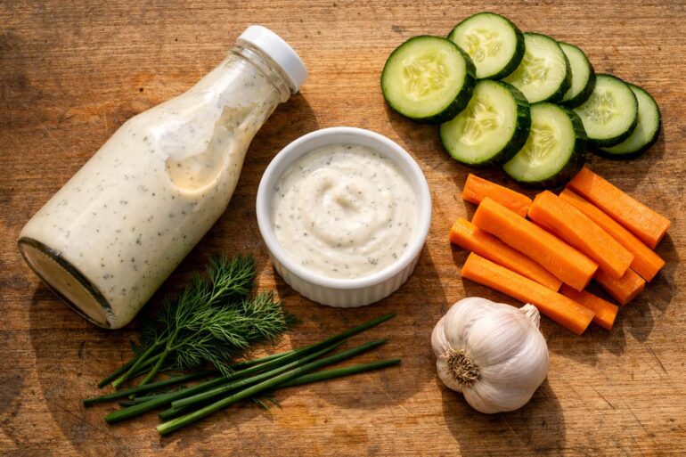 Top-down flat lay. An open bottle of ranch dressing tipped slightly, a small white ceramic ramekin of ranch beside it, a few stalks of fresh dill and chives nearby, sliced cucumber and carrot sticks fanned out to one side, a small garlic bulb.