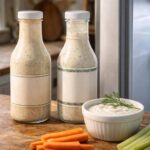 A shelf-stable bottle of ranch dressing beside a refrigerated-style bottle with a slightly different label design A small bowl of ranch with a sprig of fresh dill resting across it. Refrigerator door slightly ajar on the right
