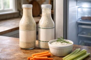 A shelf-stable bottle of ranch dressing beside a refrigerated-style bottle with a slightly different label design A small bowl of ranch with a sprig of fresh dill resting across it. Refrigerator door slightly ajar on the right