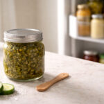 a jar of relish on a kitchen counter with an open fridge door full of condiments in the background.