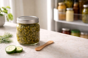 a jar of relish on a kitchen counter with an open fridge door full of condiments in the background.