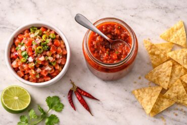 one open glass jar of red salsa with a spoon resting across the top. Left: a small white ceramic bowl of fresh pico de gallo with visible tomato, onion, and cilantro. Right: a loose handful of tortilla chips directly on the surface.