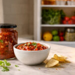 Kitchen counter scene with soft natural side light. Left foreground: A sealed jar of salsa and a small bowl of fresh red salsa side by side, no readable label. Right side slightly out of focus: center part of a white refrigerator door open