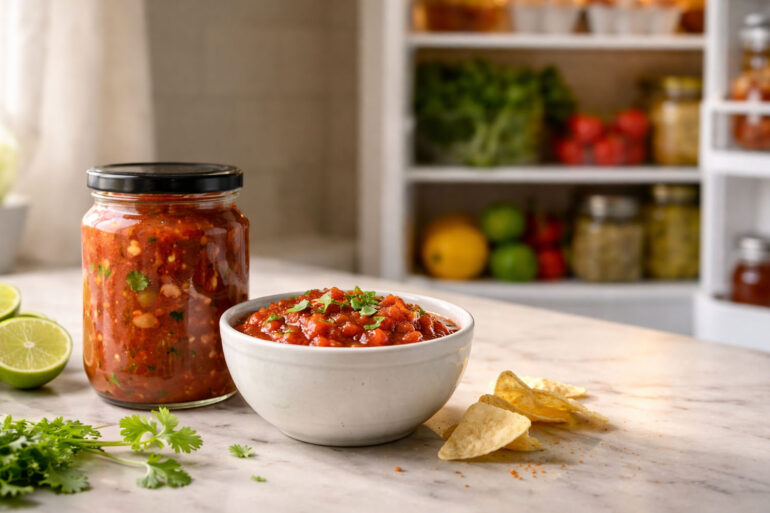 Kitchen counter scene with soft natural side light. Left foreground: one sealed jar of salsa and one small bowl of fresh red salsa side by side, no readable labels. Right side slightly out of focus: the middle of a white refrigerator door open