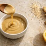 small round white ceramic bowl filled with smooth, pale golden-beige tahini, a thin drizzle of tahini still mid-air from a wooden spoon held just above the bowl catching soft natural light. Slightly right of center: a loose scatter of raw white sesame seeds directly on the stone, two halved garlic cloves cut-side up showing layered interior, a thin diagonal slice of fresh ginger root