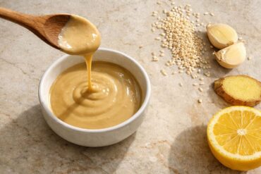 small round white ceramic bowl filled with smooth, pale golden-beige tahini, a thin drizzle of tahini still mid-air from a wooden spoon held just above the bowl catching soft natural light. Slightly right of center: a loose scatter of raw white sesame seeds directly on the stone, two halved garlic cloves cut-side up showing layered interior, a thin diagonal slice of fresh ginger root