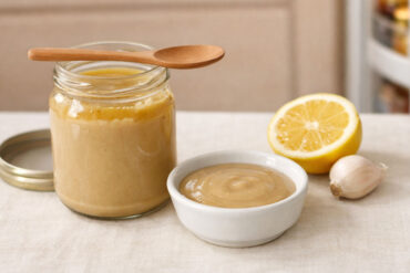 Tahini on kitchen counter. Fridge in the background. a pale cream linen countertop with soft natural light from above and slightly right. Left of frame an open glass jar of tahini with the lid resting beside it, pale golden sesame paste visible inside with a thin layer of oil sitting on top. A clean wooden spoon rests across the mouth of the jar suggesting it was just used.