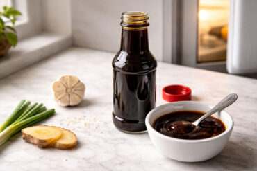 an open bottle of teriyaki sauce with cap resting beside it and a small white ceramic dish with a spoonful of sauce. Right side, the lower half of a white refrigerator door slightly ajar