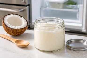 an open glass jar of white solid coconut oil with lid resting beside it. refrigerator door slightly ajar, a clean wooden spoon and a halved fresh coconut on the counter
