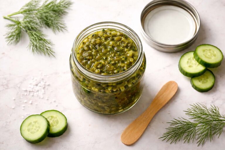 an open jar of dill relish on a counter looking fresh