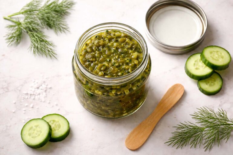 an open jar of dill relish on a counter looking fresh