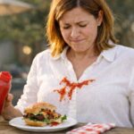 A woman sitting at an outdoor wooden table looks down with a frustrated expression at a ketchup stain on the front of her white button-up shirt. She holds a red squeeze bottle of ketchup in her left hand above a plate with a partially eaten burger. A small amount of ketchup appears splattered across the center of her chest as if the bottle squirted unexpectedly. On the table beside the plate is a red-and-white checkered napkin and a tall glass of lemonade with lemon slices. The background is softly blurred, suggesting an outdoor patio or backyard dining setting in warm afternoon light.