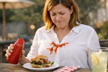 A woman sitting at an outdoor wooden table looks down with a frustrated expression at a ketchup stain on the front of her white button-up shirt. She holds a red squeeze bottle of ketchup in her left hand above a plate with a partially eaten burger. A small amount of ketchup appears splattered across the center of her chest as if the bottle squirted unexpectedly. On the table beside the plate is a red-and-white checkered napkin and a tall glass of lemonade with lemon slices. The background is softly blurred, suggesting an outdoor patio or backyard dining setting in warm afternoon light.