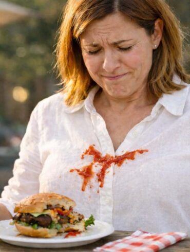 A woman sitting at an outdoor wooden table looks down with a frustrated expression at a ketchup stain on the front of her white button-up shirt. She holds a red squeeze bottle of ketchup in her left hand above a plate with a partially eaten burger. A small amount of ketchup appears splattered across the center of her chest as if the bottle squirted unexpectedly. On the table beside the plate is a red-and-white checkered napkin and a tall glass of lemonade with lemon slices. The background is softly blurred, suggesting an outdoor patio or backyard dining setting in warm afternoon light.