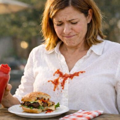 A woman sitting at an outdoor wooden table looks down with a frustrated expression at a ketchup stain on the front of her white button-up shirt. She holds a red squeeze bottle of ketchup in her left hand above a plate with a partially eaten burger. A small amount of ketchup appears splattered across the center of her chest as if the bottle squirted unexpectedly. On the table beside the plate is a red-and-white checkered napkin and a tall glass of lemonade with lemon slices. The background is softly blurred, suggesting an outdoor patio or backyard dining setting in warm afternoon light.