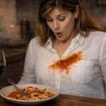 A woman with shoulder-length brown hair sits at a candlelit dinner table looking down at her chest with a shocked, open-mouthed expression. A large smear of tomato sauce covers the front of her white linen button-down shirt. In front of her on the table is a bowl of spaghetti with marinara sauce and a fork, a glass of red wine, and a lit white candle in the foreground. The background is a warmly lit, rustic stone interior.