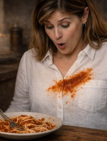 A woman with shoulder-length brown hair sits at a candlelit dinner table looking down at her chest with a shocked, open-mouthed expression. A large smear of tomato sauce covers the front of her white linen button-down shirt. In front of her on the table is a bowl of spaghetti with marinara sauce and a fork, a glass of red wine, and a lit white candle in the foreground. The background is a warmly lit, rustic stone interior.