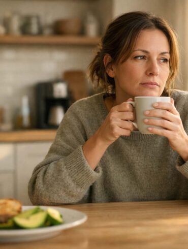 A woman sitting at a kitchen table holding a coffee mug, staring past the camera with a distant expression, untouched breakfast plate in front of her