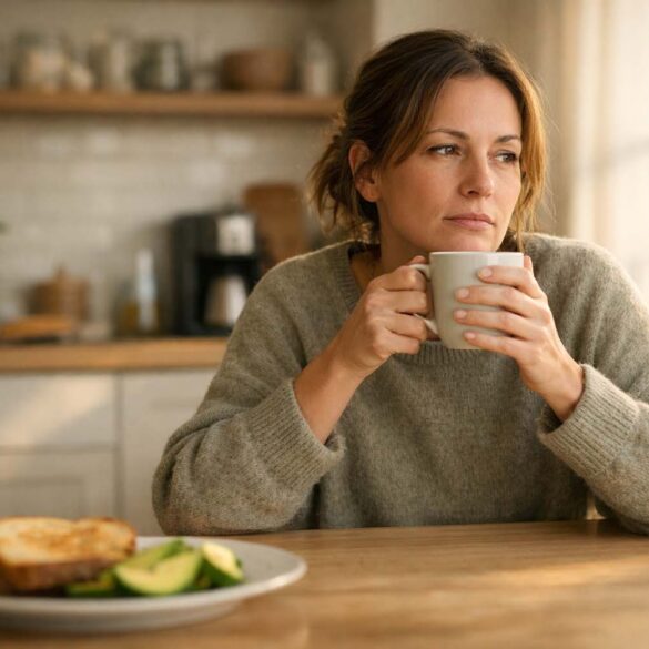 A woman sitting at a kitchen table holding a coffee mug, staring past the camera with a distant expression, untouched breakfast plate in front of her