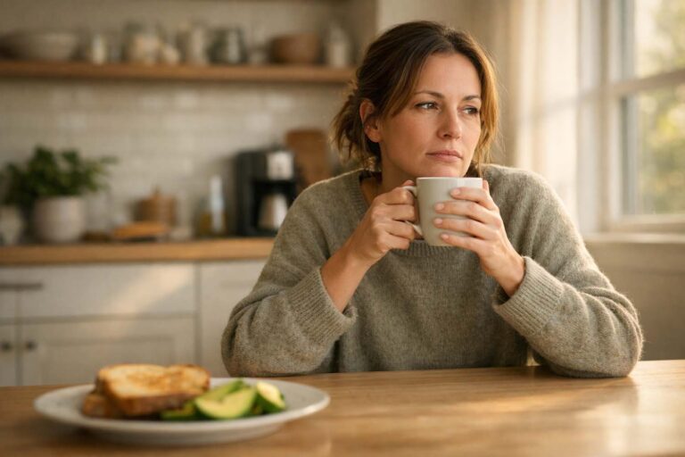A woman sitting at a kitchen table holding a coffee mug, staring past the camera with a distant expression, untouched breakfast plate in front of her