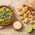 an open paper bag of crispy pork rinds spilling on a wooden table next to guac, queso, and lime