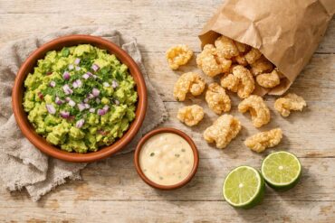 an open paper bag of crispy pork rinds spilling on a wooden table next to guac, queso, and lime