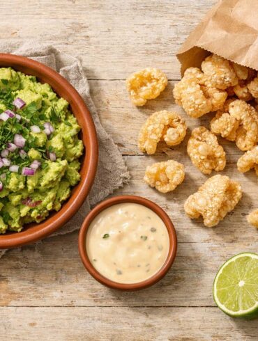 an open paper bag of crispy pork rinds spilling on a wooden table next to guac, queso, and lime