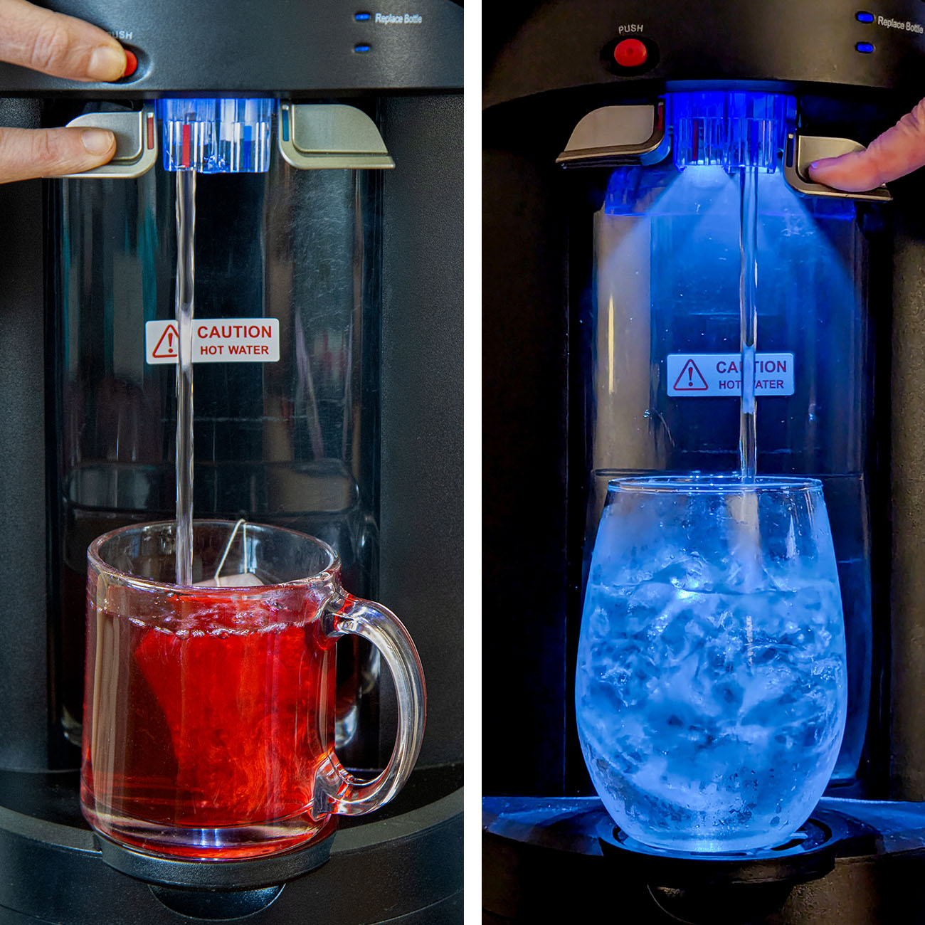 Side-by-side close-up of the Primo bottom-load water dispenser dispensing hot water into a red tea mug on the left, and cold water into an ice-filled glass with blue lighting on the right.