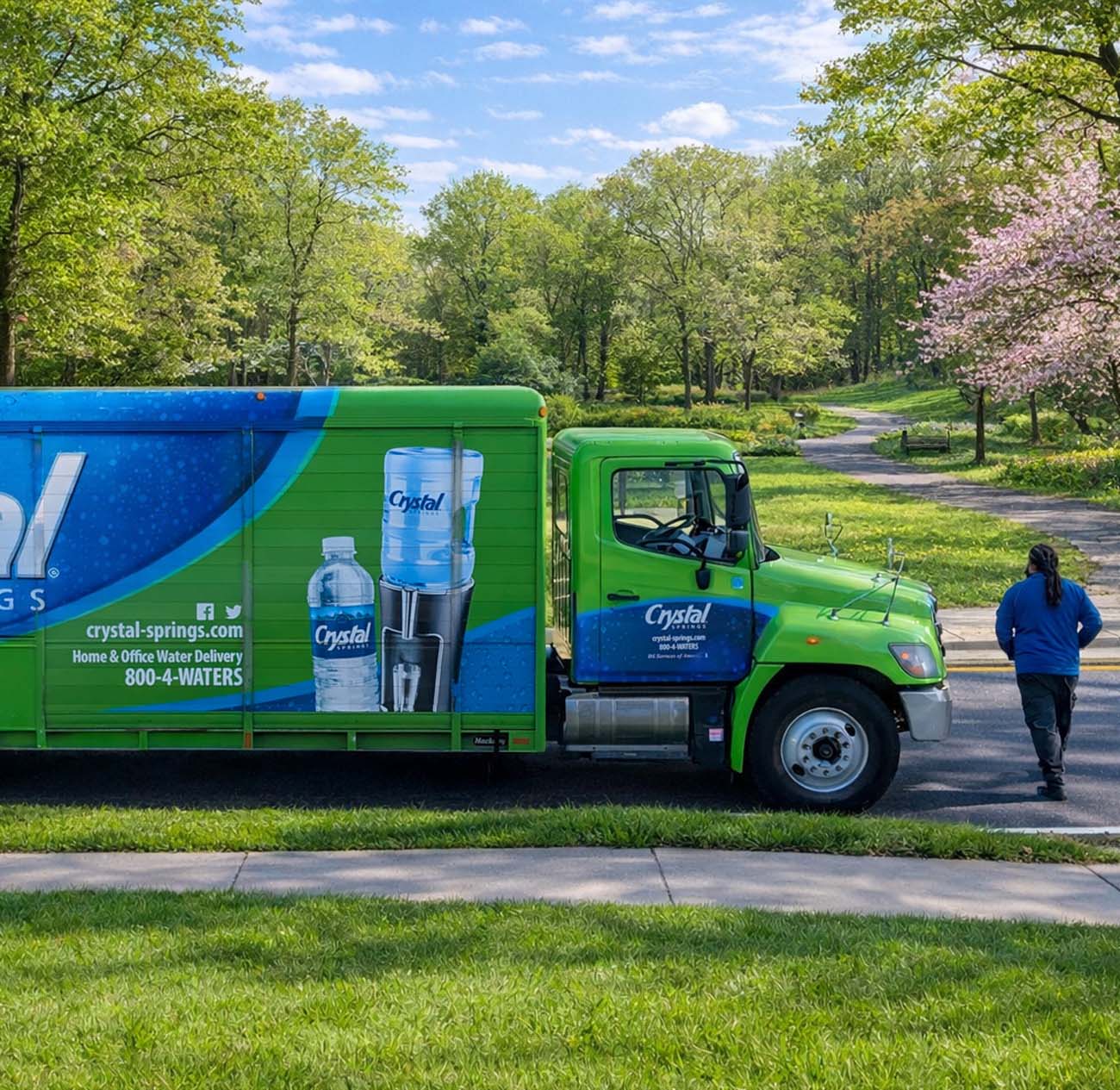 A Crystal Springs water delivery truck parked on a tree-lined residential street in spring, with a delivery driver walking alongside it.