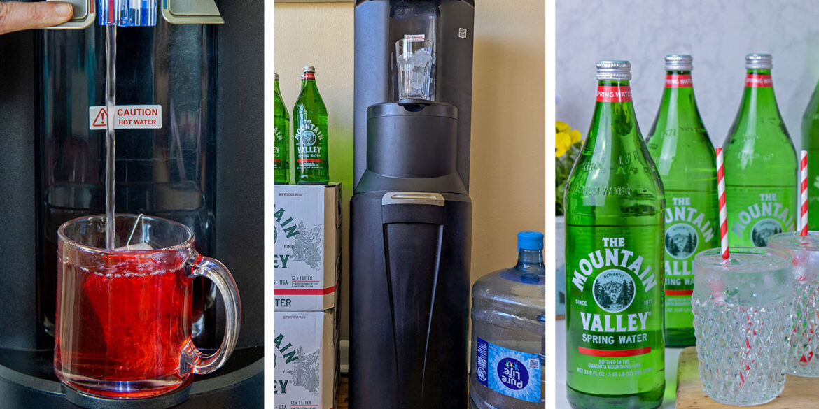 Three-panel image showing the Primo dispenser hot tap filling a red tea mug, the full dispenser unit surrounded by Mountain Valley cases and a Pure Life jug, and a close-up of styled Mountain Valley bottles with crystal glasses.