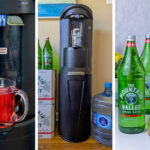 Three-panel image showing the Primo dispenser hot tap filling a red tea mug, the full dispenser unit surrounded by Mountain Valley cases and a Pure Life jug, and a close-up of styled Mountain Valley bottles with crystal glasses.
