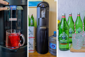 Three-panel image showing the Primo dispenser hot tap filling a red tea mug, the full dispenser unit surrounded by Mountain Valley cases and a Pure Life jug, and a close-up of styled Mountain Valley bottles with crystal glasses.