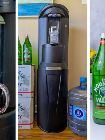 Three-panel image showing the Primo dispenser hot tap filling a red tea mug, the full dispenser unit surrounded by Mountain Valley cases and a Pure Life jug, and a close-up of styled Mountain Valley bottles with crystal glasses.