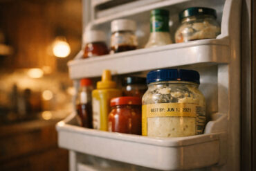 an open refrigerator door shot from slightly below .The fridge door shelves are filled with recognizable condiment bottles — mayo jar, ranch bottle, ketchup, mustard. One jar in the foreground has a visible label, years past its best-by date.