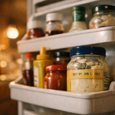 an open refrigerator door shot from slightly below .The fridge door shelves are filled with recognizable condiment bottles — mayo jar, ranch bottle, ketchup, mustard. One jar in the foreground has a visible label, years past its best-by date.