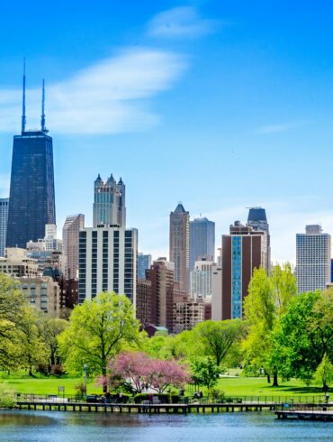 Chicago, IL, United States in springtime. Green Trees Near the Water in a sunny cityscape