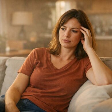 A woman sitting on a couch at home looking uneasy with her hand against her temple, warm indoor lighting