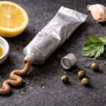 Dark slate surface. A small open tube of anchovy paste squeezed at one end, a few scattered capers, a halved lemon, two whole garlic cloves, a small dish of olive oil, a sprig of fresh flat-leaf parsley.