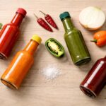 Four bottles of hot sauce arranged casually, one red vinegar-based, one green jalapeño-style, one orange, one darker red.