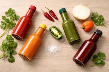 Four bottles of hot sauce arranged casually, one red vinegar-based, one green jalapeño-style, one orange, one darker red.