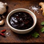 Top-down flat lay on a weathered dark teak cutting board with visible grain and knife marks. A small shallow ceramic bowl filled with dark, glossy oyster sauce. To the left: a whole garlic bulb with two cloves broken off and placed casually nearby, papery skin slightly peeling. To the right: a two-inch knob of fresh ginger root, unpeeled, with one rough cut end showing the pale yellow flesh. Scattered naturally around the bowl: four or five small dried red chilies, a pinch of coarse sea salt, and three or four cilantro leaves slightly wilted at the edges. natural window light from the upper left casting long soft shadows to the lower right.