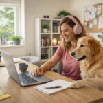 a woman on her laptop at her desk in her home office working from home. her dog, a golden retriever, sits next to her.