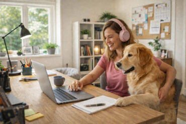 a woman on her laptop at her desk in her home office working from home. her dog, a golden retriever, sits next to her.