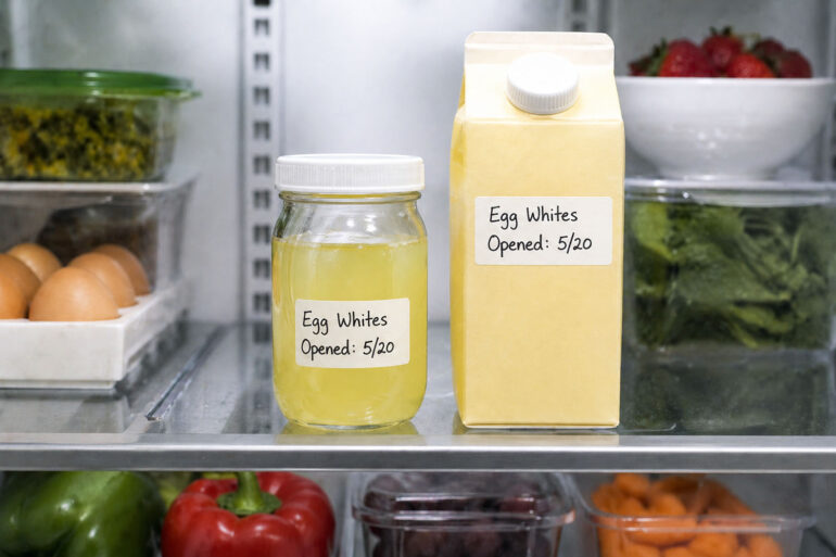 Refrigerator interior shot. Front and center: a small sealed glass jar labeled with a date, containing clear egg whites. Beside it: a carton of liquid egg whites with the opening date written on it