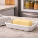 A kitchen scene bathed in soft natural sidelight. Left foreground: A white ceramic butter dish with a lid on the kitchen counter. The right side is slightly out of focus: the refrigerator door is open, revealing the butter compartment with wrapped sticks of butter visible.